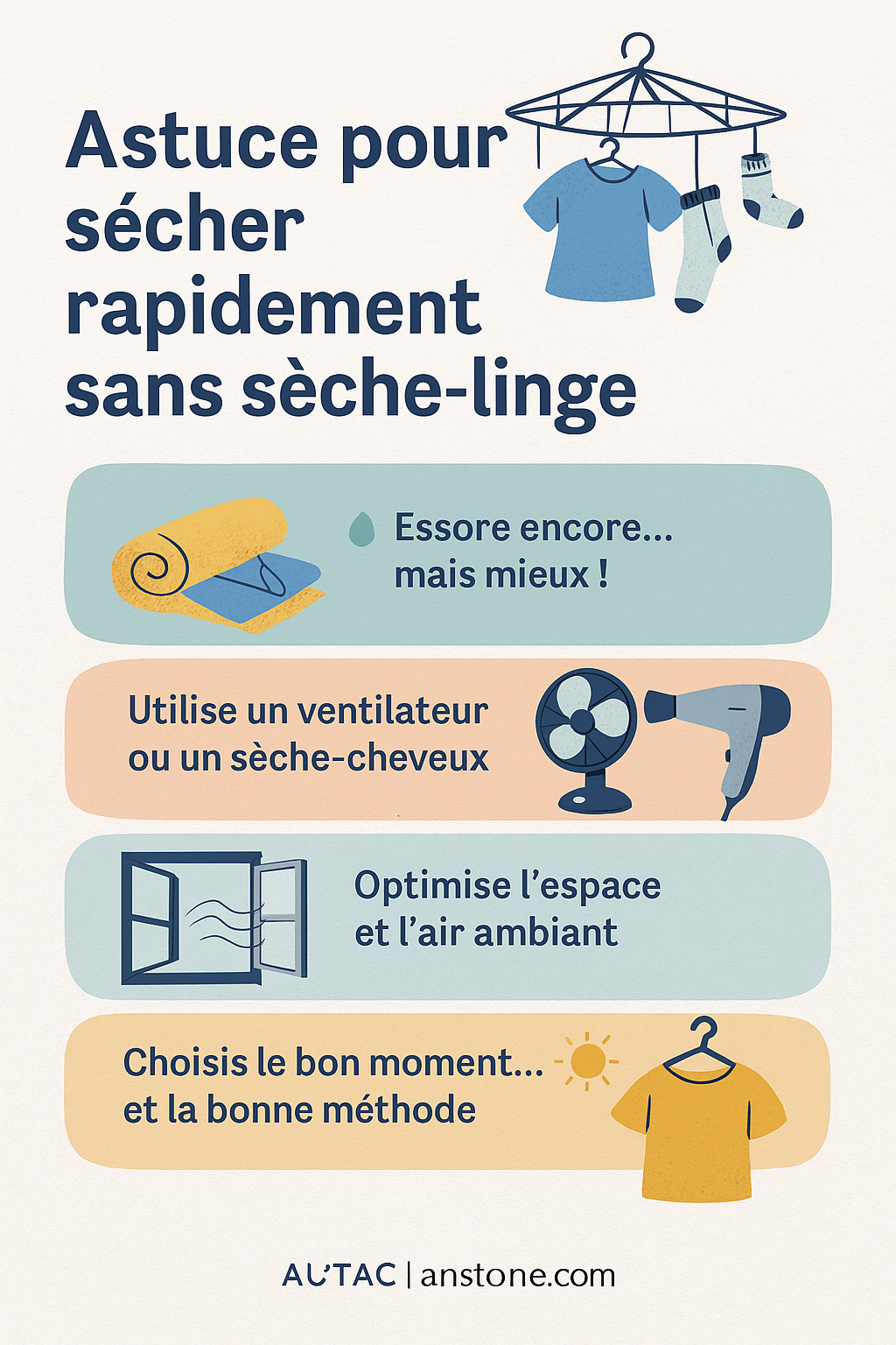 astuce pour secher rapidement sans seche linge  Tu n’as pas de sèche-linge sous la main ? Ou peut-être que tu veux économiser de l’énergie, respecter tes vêtements