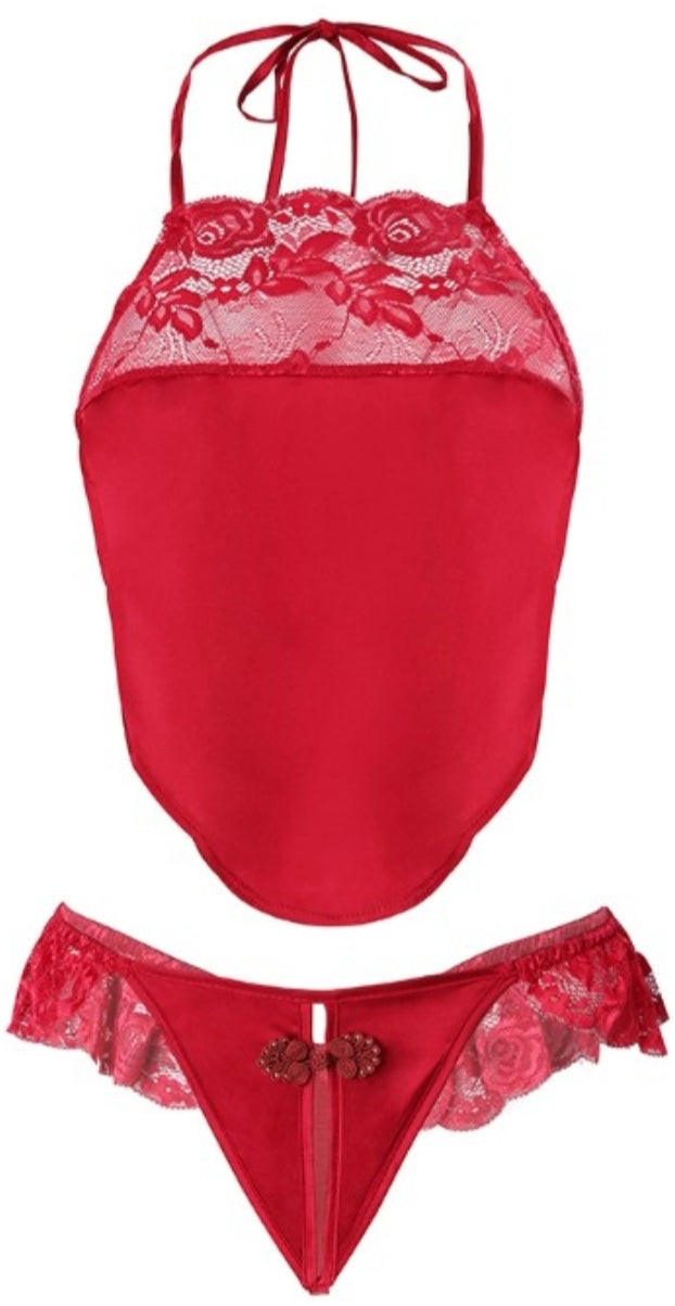 Ensemble de lingerie en satin à bordure en dentelle et dos nu