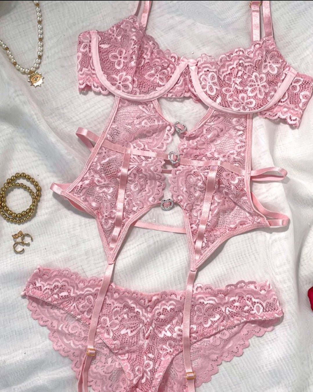 Ensemble de bustier avec jarretière en dentelle à décor de nœud