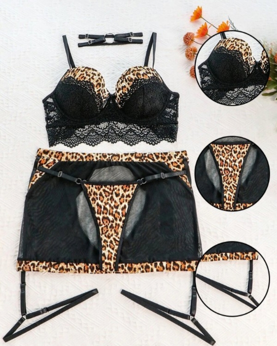 Ensemble de lingerie jarretière en dentelle transparente à motif léopard contrastant