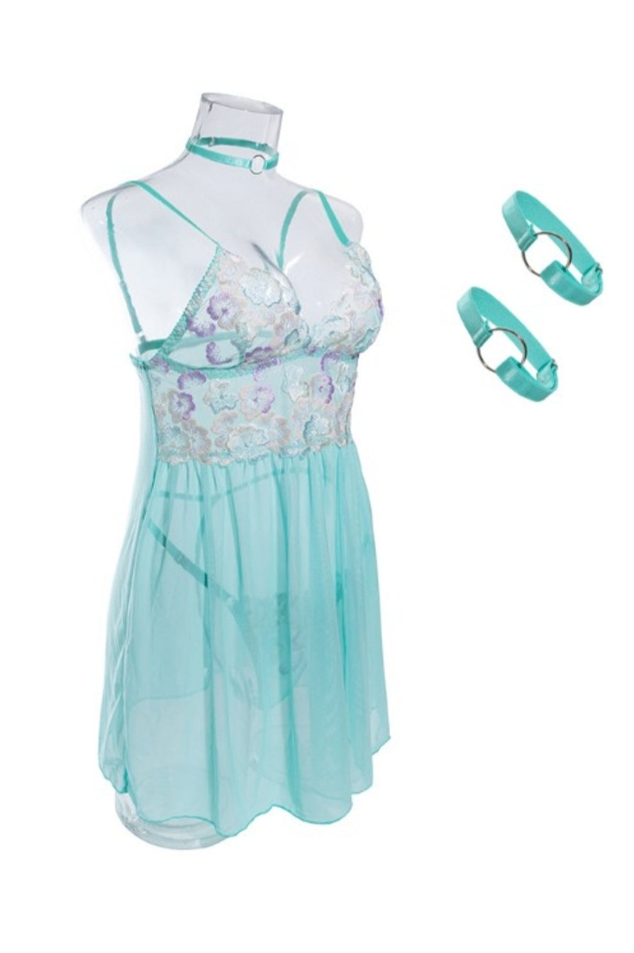 Nuisette à patch en maille transparente à motif florale