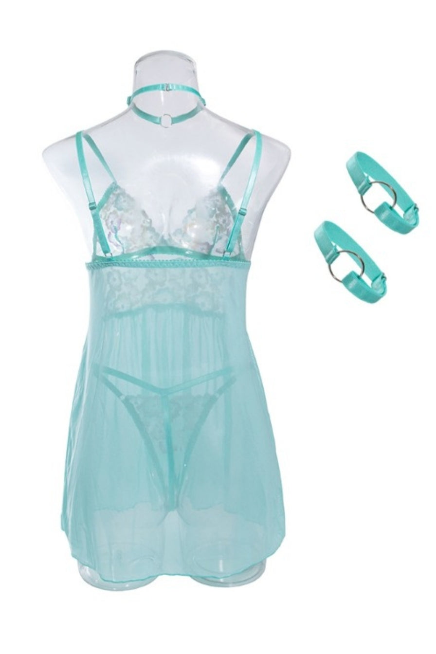 Nuisette à patch en maille transparente à motif florale