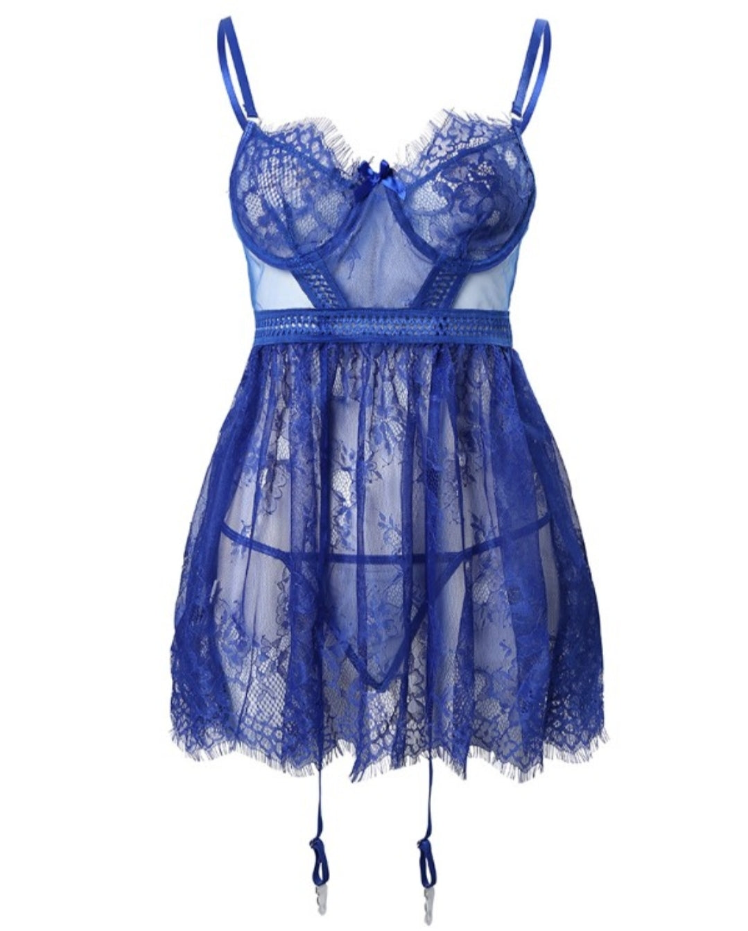 Nuisette jarretière en dentelle à bretelles spaghetti avec string