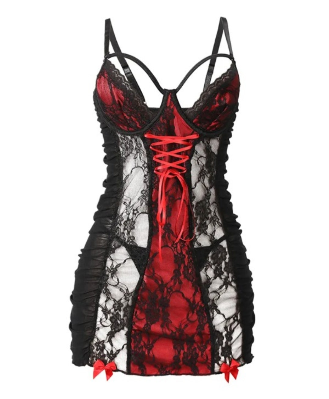 Nuisette bowknot décor colorblock lace babydoll avec string