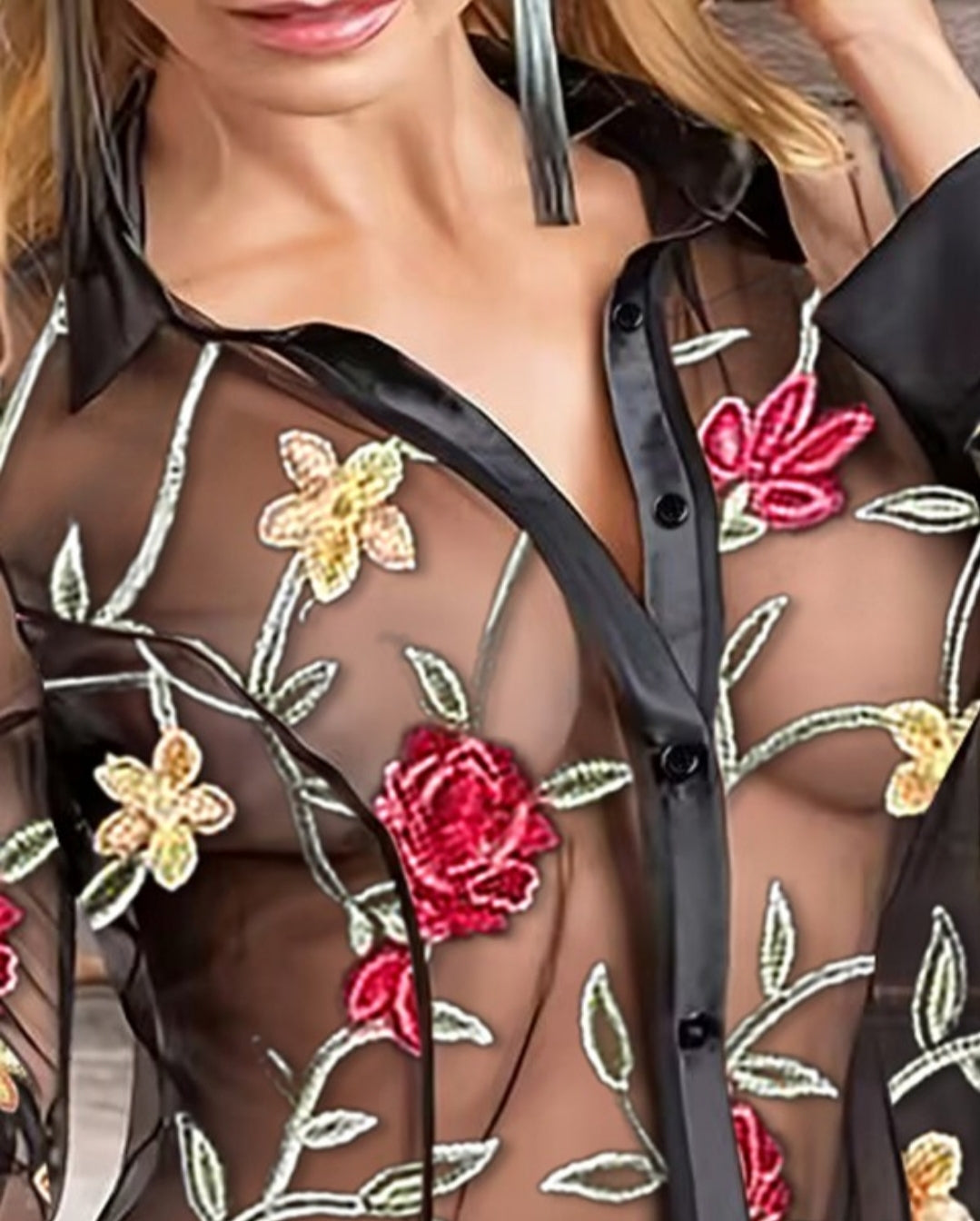 Nuisette en maille transparente à broderie Florale