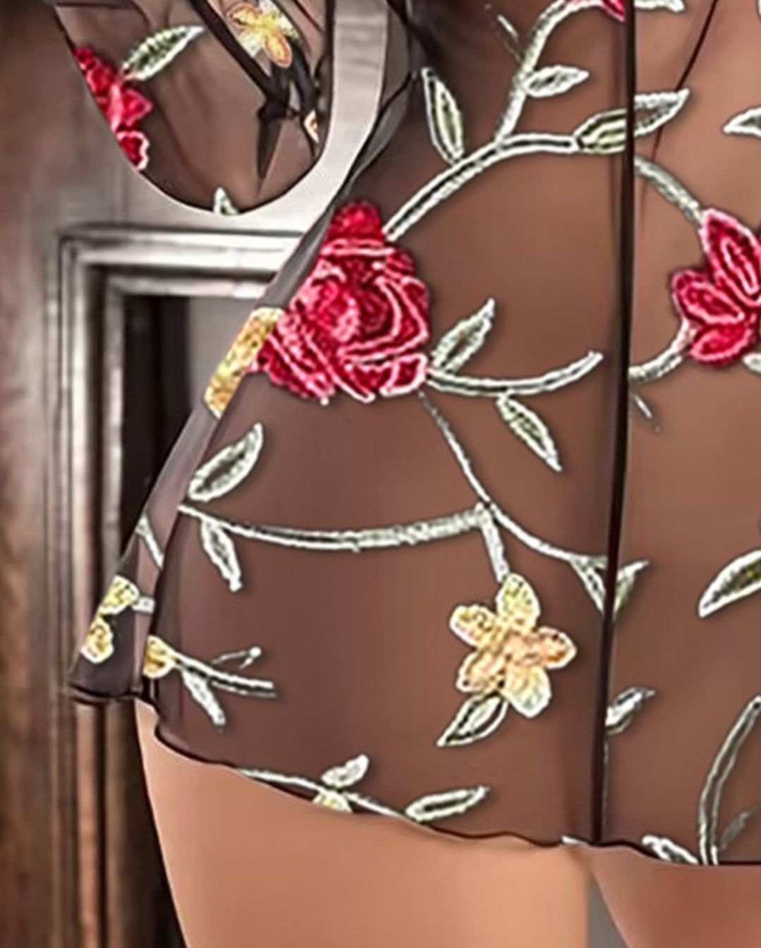 Nuisette en maille transparente à broderie Florale