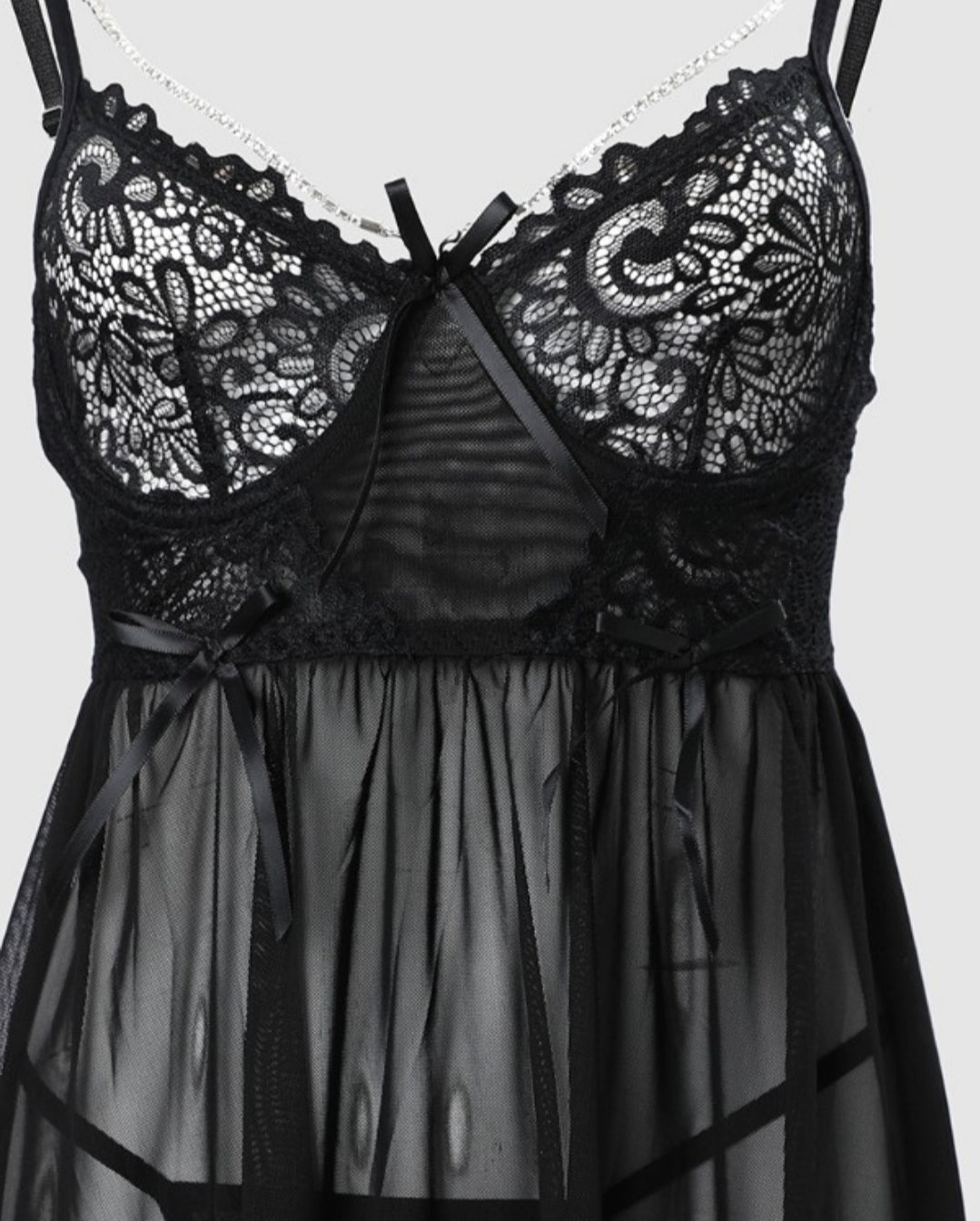 Sheer lace babydoll with chain detail and thong