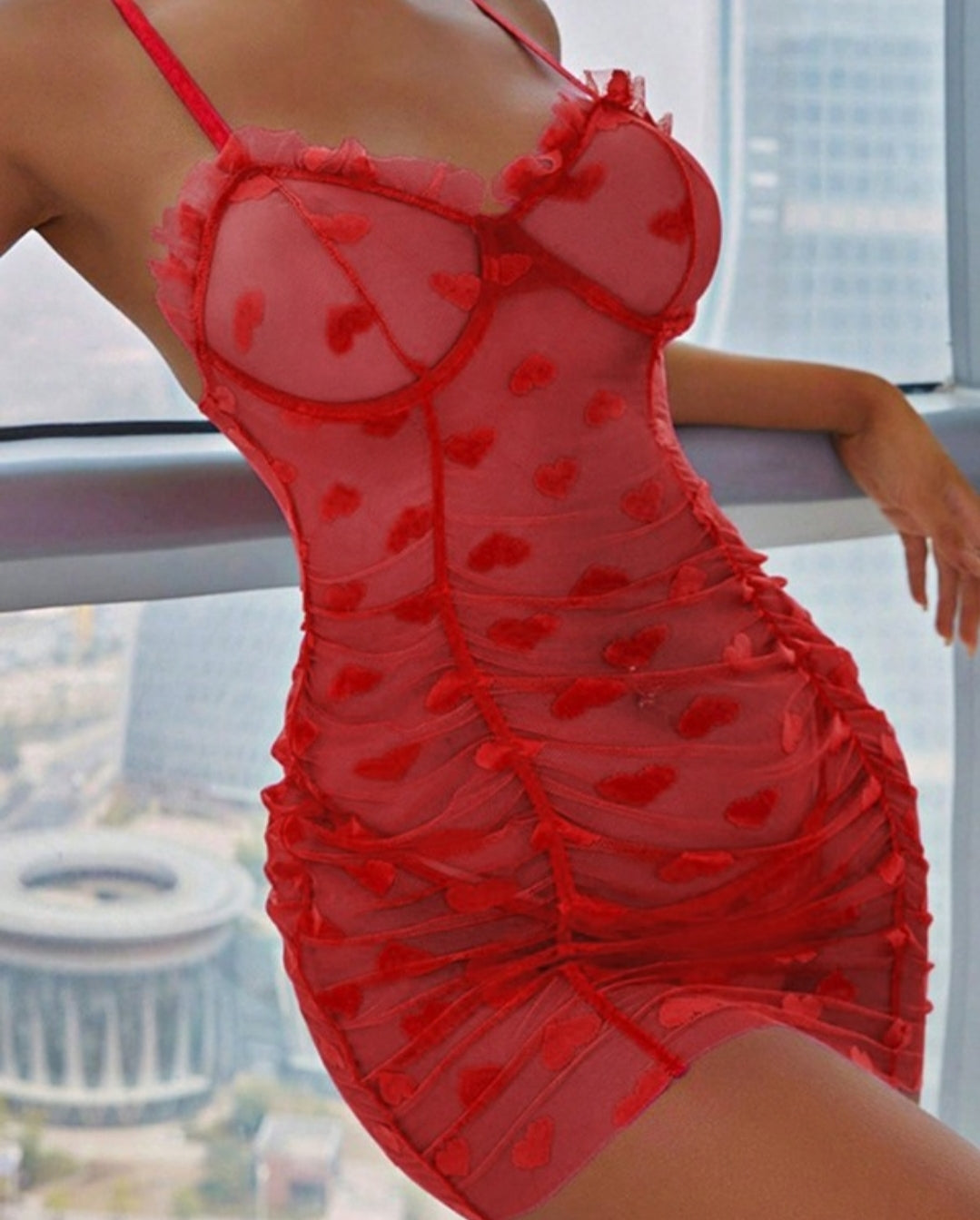 Nuisette Froncé en maille transparente à motif cœur