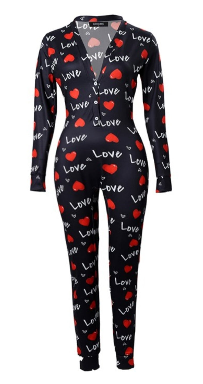 Nuisette ensemble caraco en dentelle contrastée à imprimé cœur  love