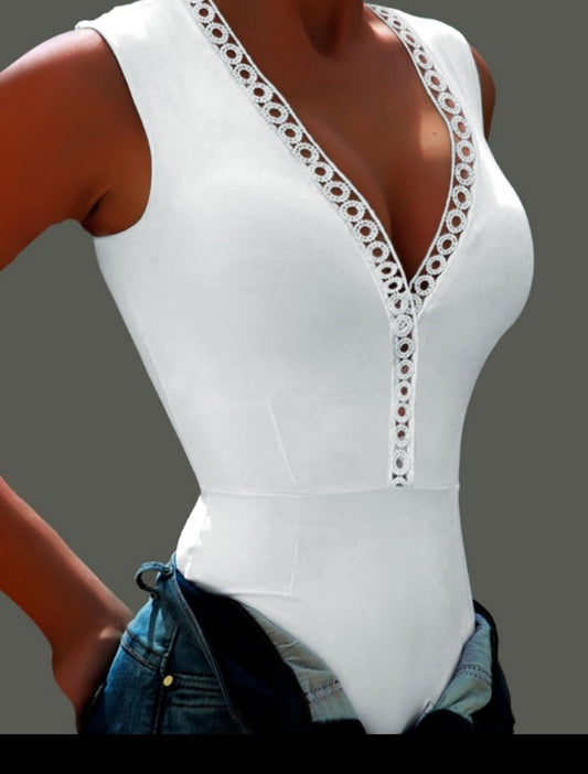 Body sans manches à col en V et fermeture éclair sur le devant