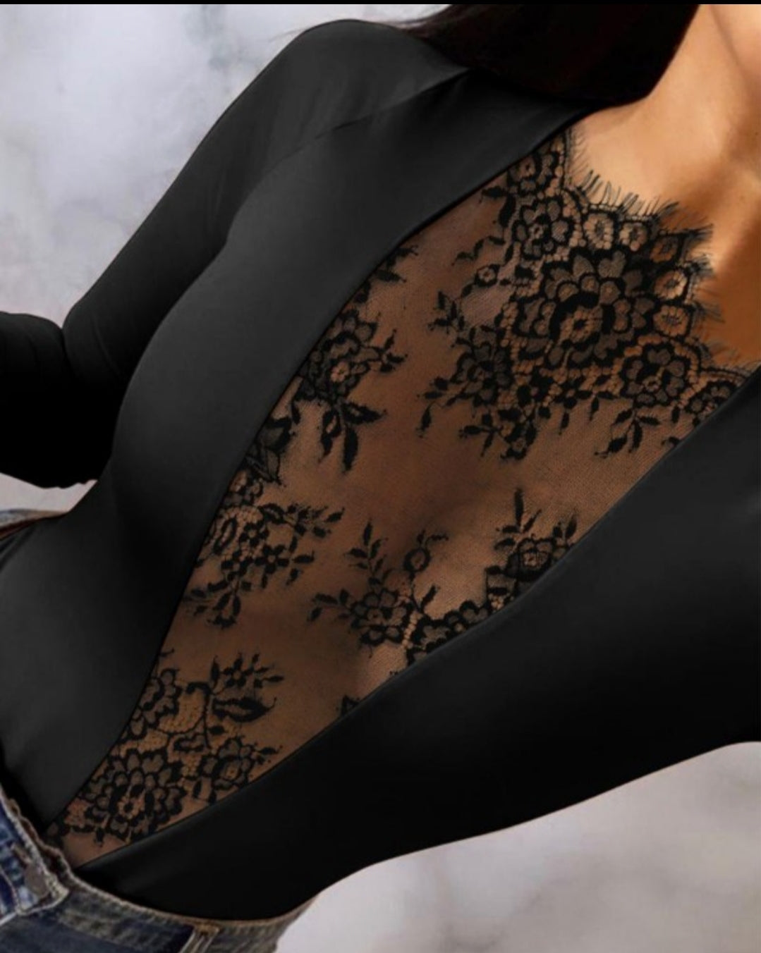 Body à manches longues en dentelle contrastante