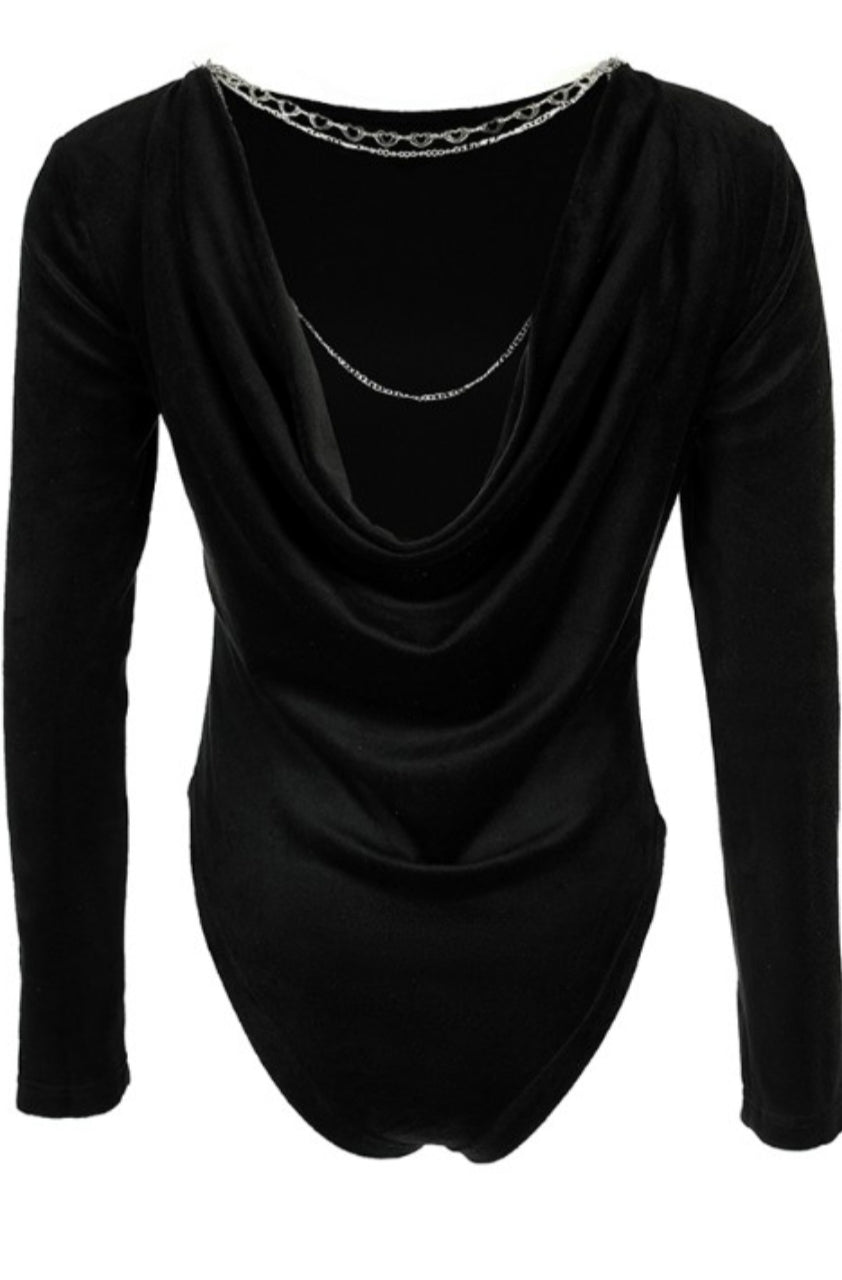Body skinny à manches longues et dos nu avec chaîne