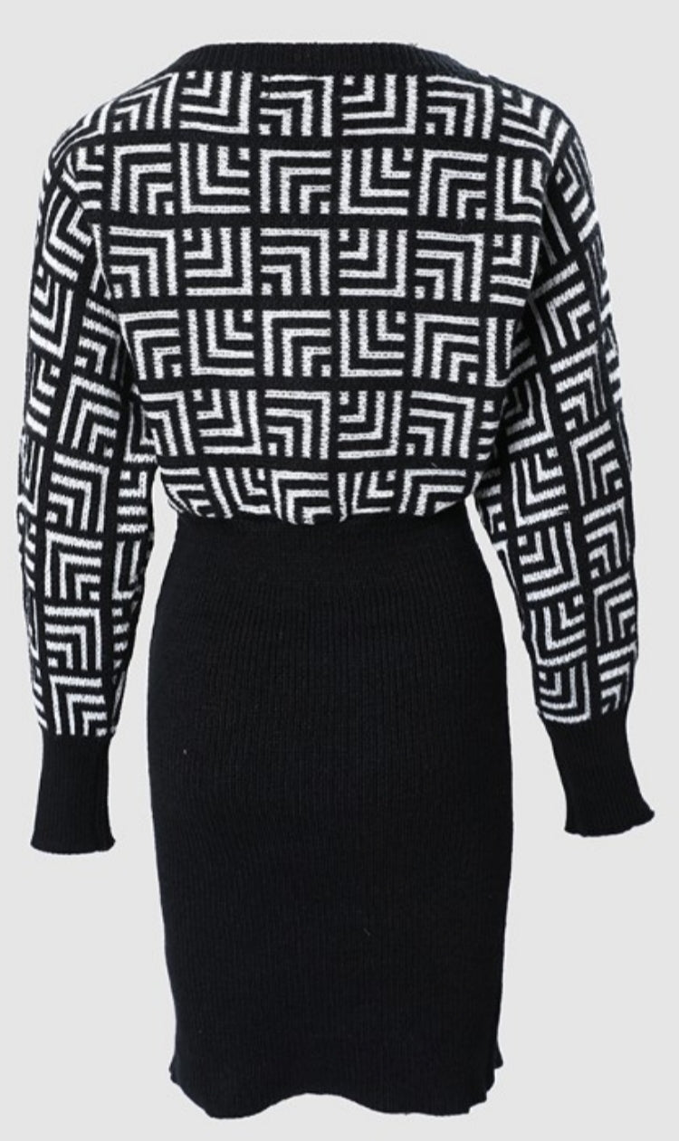 Robe de travail portefeuille à manches longues et imprimé géométrique