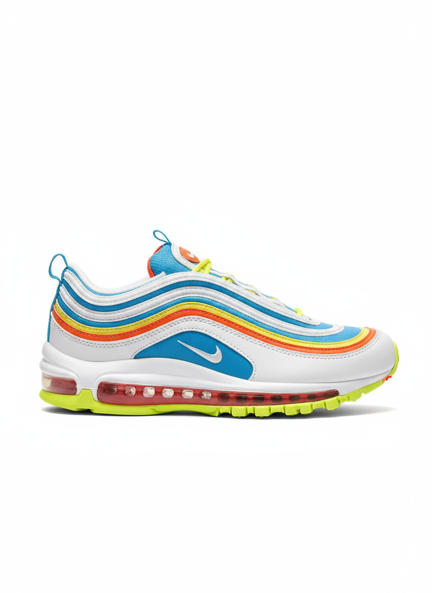 Premièrement, les baskets Nike Air Max 97 Femme incarnent un design emblématique et audacieux.
Inspirées des lignes fluides des trains à grande vitesse japonais.