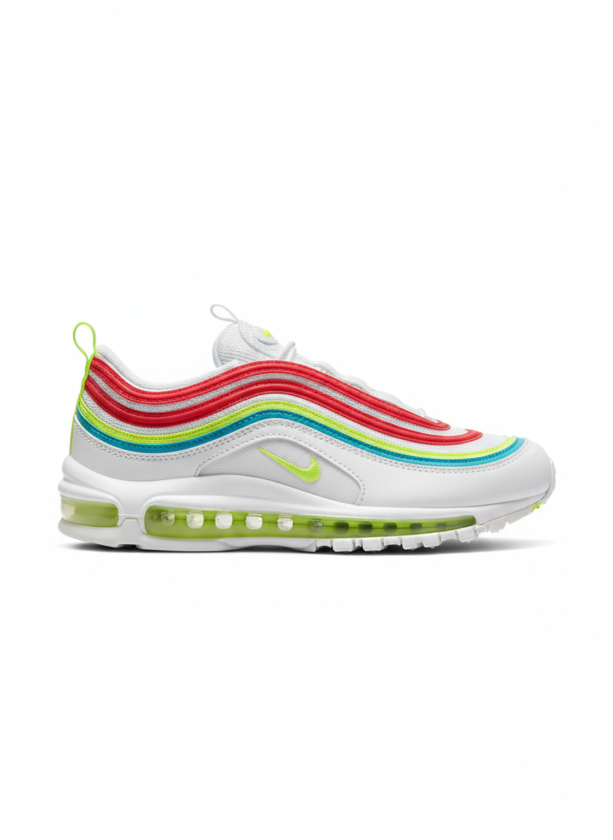 Premièrement, les baskets Nike Air Max 97 Femme incarnent un design emblématique et audacieux.
Inspirées des lignes fluides des trains à grande vitesse japonais.