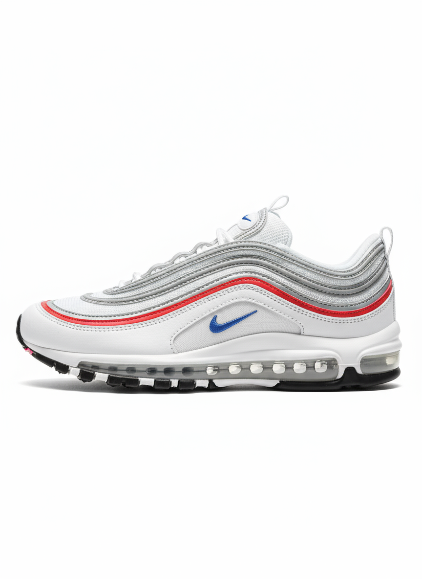 Tout d’abord, les baskets Nike Air Max 97 Femme se distinguent par leur design audacieux et leur look rétro futuriste.