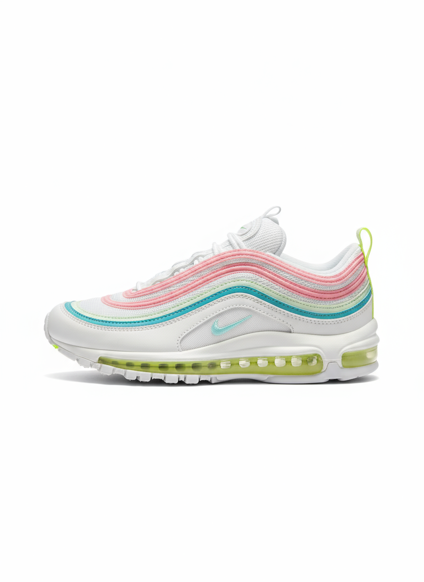 Tout d’abord, les baskets Nike Air Max 97 Femme se distinguent par leur design audacieux et leur look rétro futuriste.