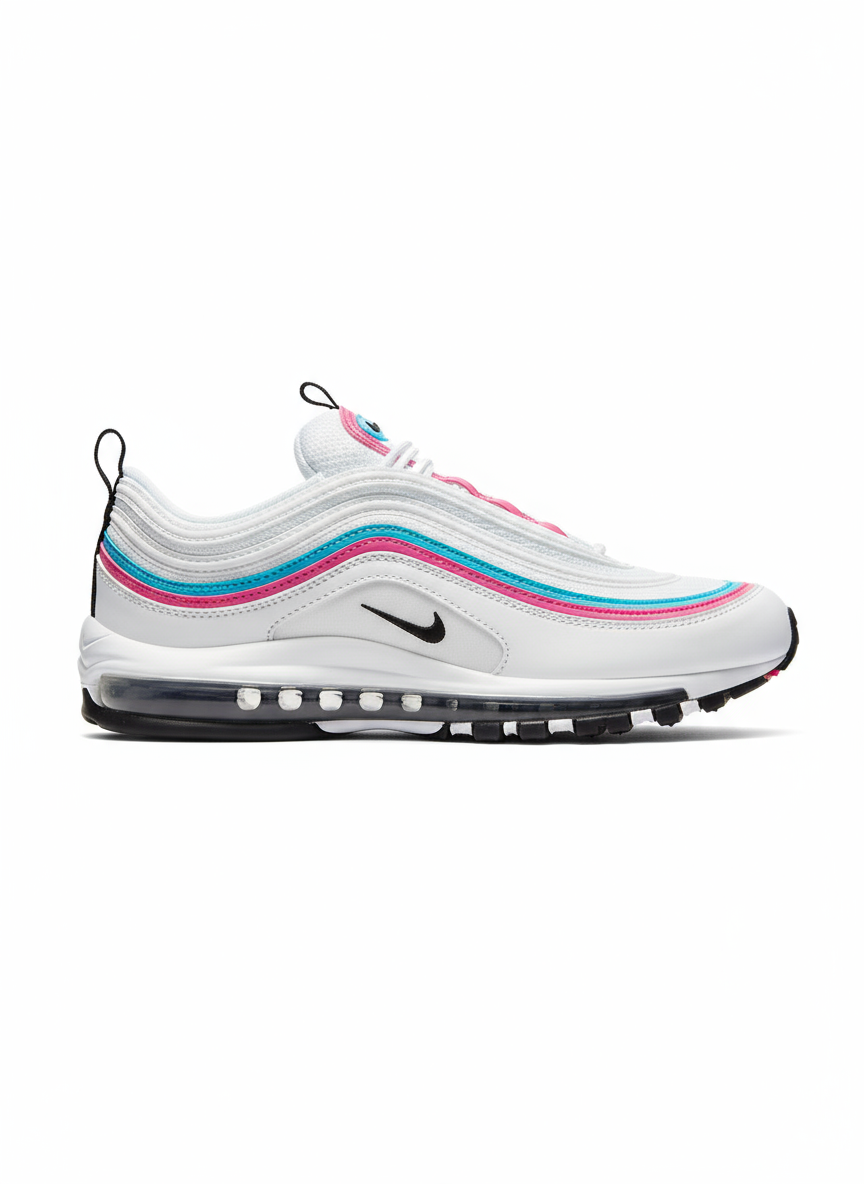 Tout d’abord, les baskets Nike Air Max 97 Femme se distinguent par leur design audacieux et leur look rétro futuriste.
