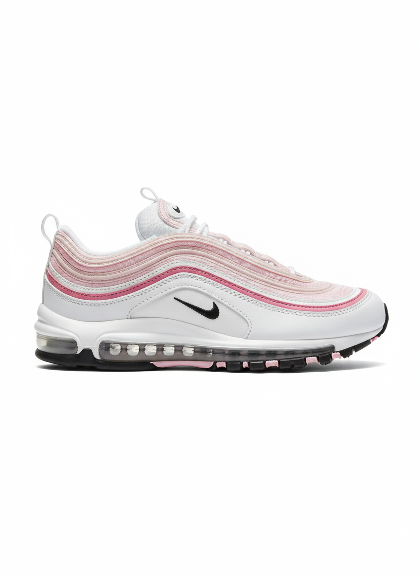Tout d’abord, les baskets Nike Air Max 97 Femme se distinguent par leur design audacieux et leur look rétro futuriste.