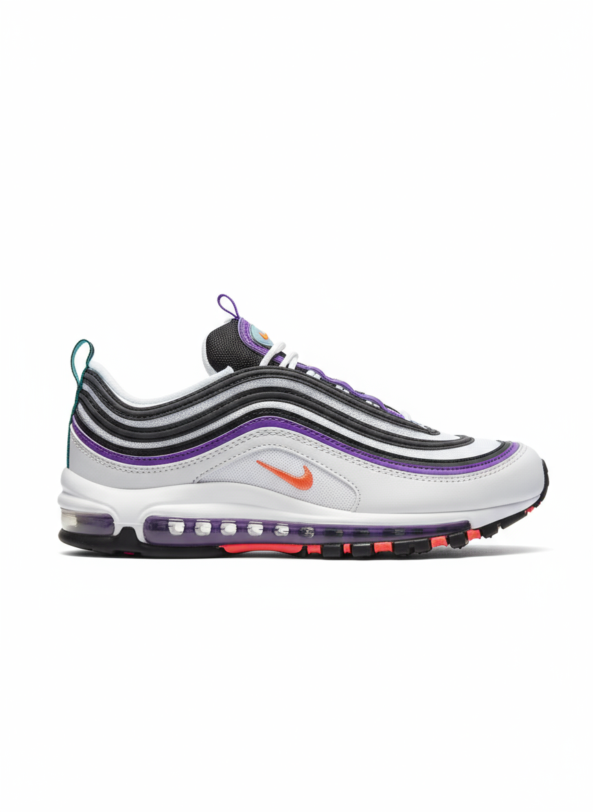 Tout d’abord, les baskets Nike Air Max 97 Femme se distinguent par leur design audacieux et leur look rétro futuriste.