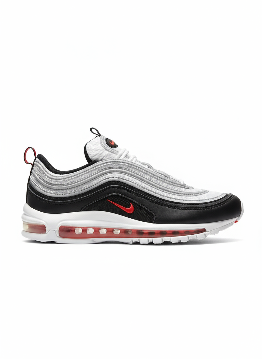 Premièrement, les baskets Nike Air Max 97 Femme incarnent un design emblématique et audacieux.