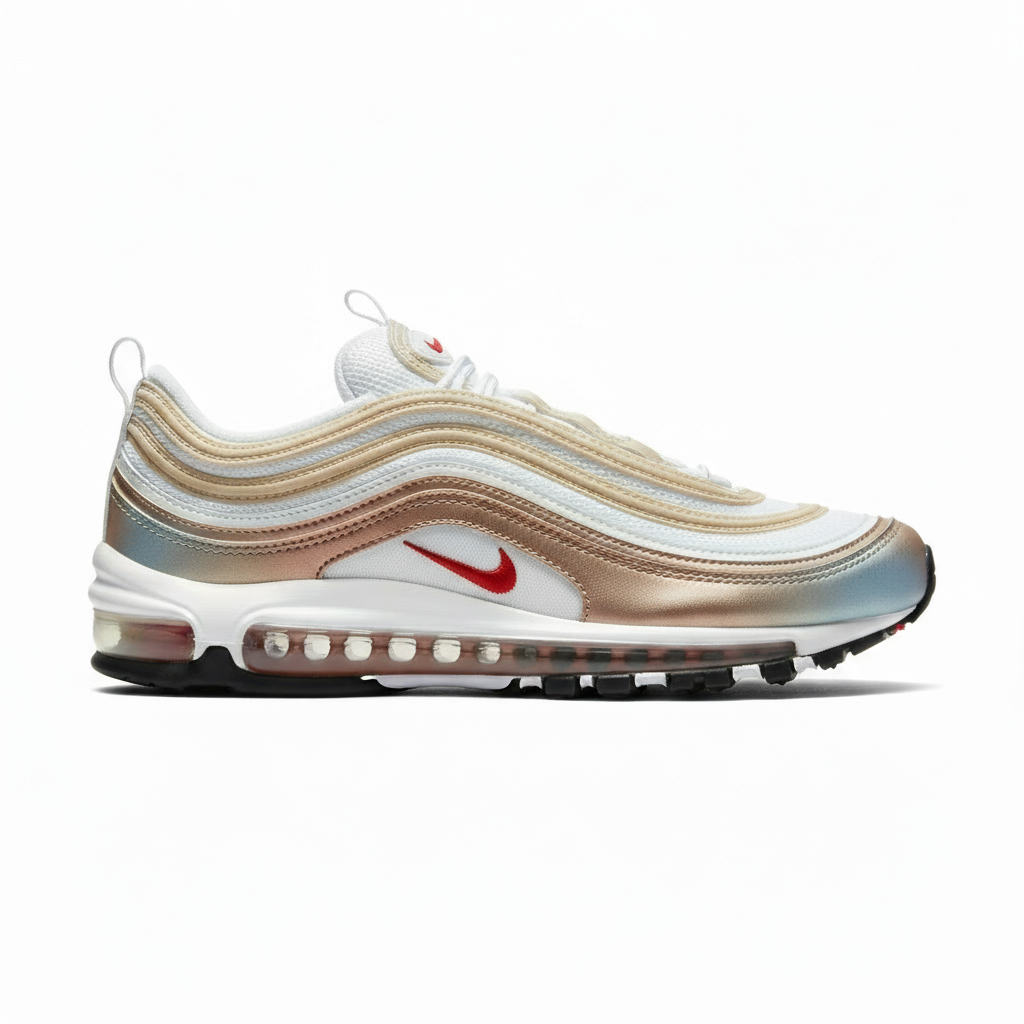 Premièrement, les baskets Nike Air Max 97 Femme incarnent un design emblématique et audacieux.
Inspirées des lignes fluides des trains à grande vitesse japonais.