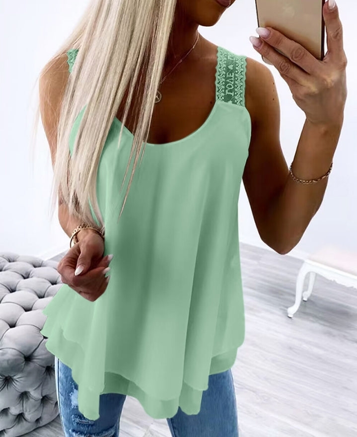 Premièrement : Ce Débardeur à col en U et bretelles épaisses avec détails en dentelle contrastée femme.