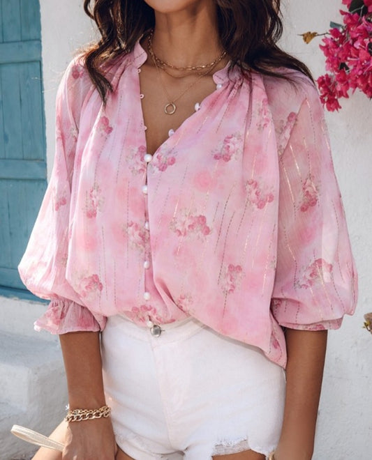 Premièrement : Misez sur la féminité lumineuse avec ce Chemisier à manches longues à imprimé floral en lurex pailleté, haut décontracté à boutons sur le devant femme.