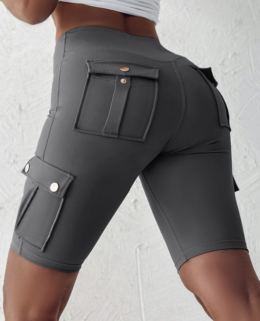 Premièrement : Ce Short de sport pour le contrôle du ventre et le levage des fesses, taille haute , avec poche à rabat , pour entraînement , bermuda cargo , pour la course à pied femme.