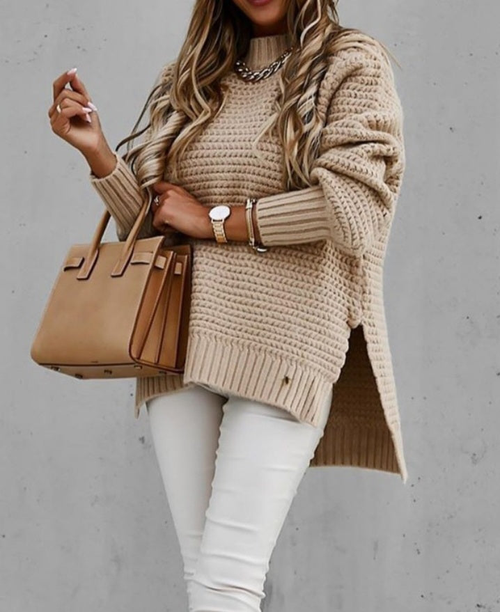 Long Sleeve Split Hem Mock Neck Sweater
