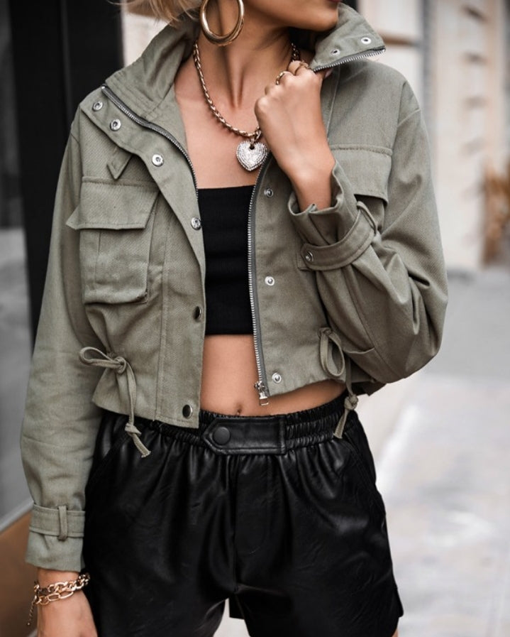 Women's Long Sleeve Cargo Biker Jacket with Pocket Buttons