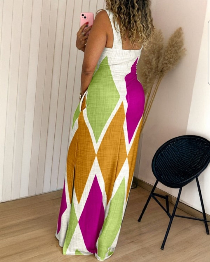 Premièrement : Cette Robe longue décontractée à.bretelles épaisses et imprimé géométrique, coupe ajustée, et fendue , avec poches Femme.