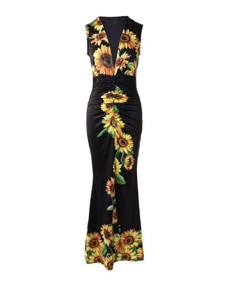 Premièrement : Cette Robe de soirée à fente haute et imprimé tournesol Femme.