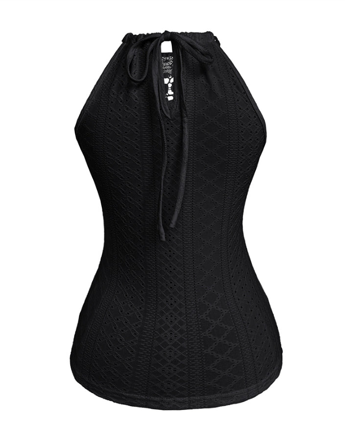 Premièrement : Ce débardeur sans manches en dentelle contrastée texturée, coupe slim décontractée Femme