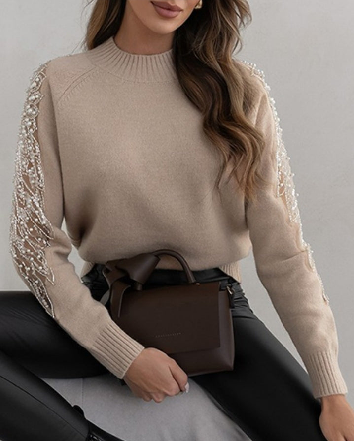 Sheer mesh patch knit sweater with contrasting sequin beads