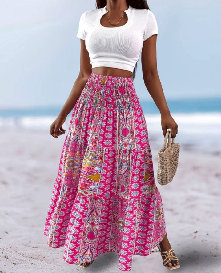 Premièrement : Cette Jupe longues plissées bohème d'été Jupes maxi fluides taille haute en ligne A Femme.