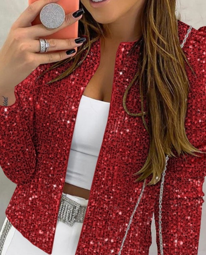 Premièrement : Brillez avec ce Manteau blazer à paillettes scintillantes, ouvert sur le devant , manches bouffantes femme.