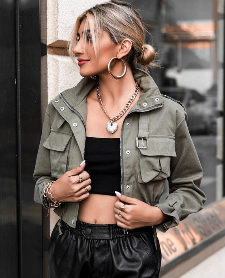 Women's Long Sleeve Cargo Biker Jacket with Pocket Buttons