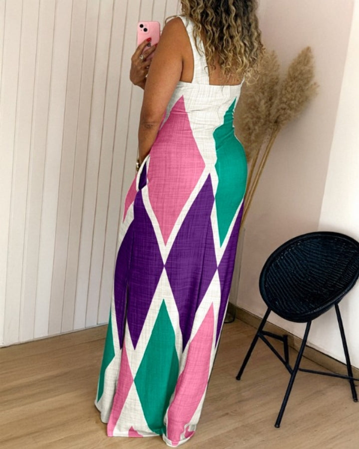 Premièrement : Cette Robe longue décontractée à.bretelles épaisses et imprimé géométrique, coupe ajustée, et fendue , avec poches Femme.
