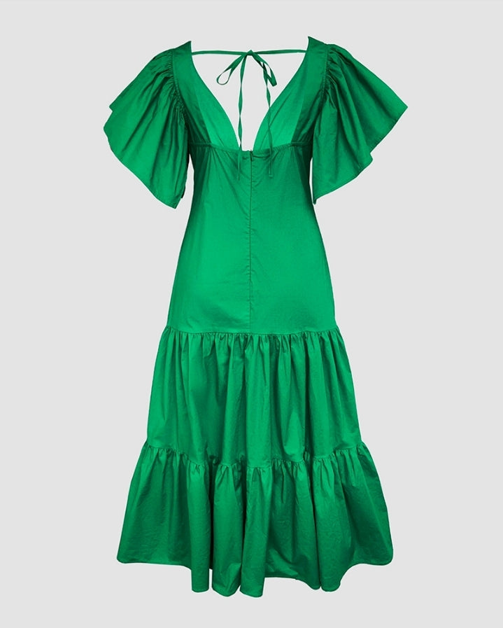 Premièrement : Cette Robe longue décontractée à volants et col en V , manches flottantes, dos nu , Froncée Femme
