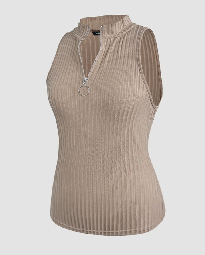 Premièrement : Ce Débardeur décontracté côtelé à col rond et coupe ajustée avec fermeture éclair et bretelles épaisses femme.