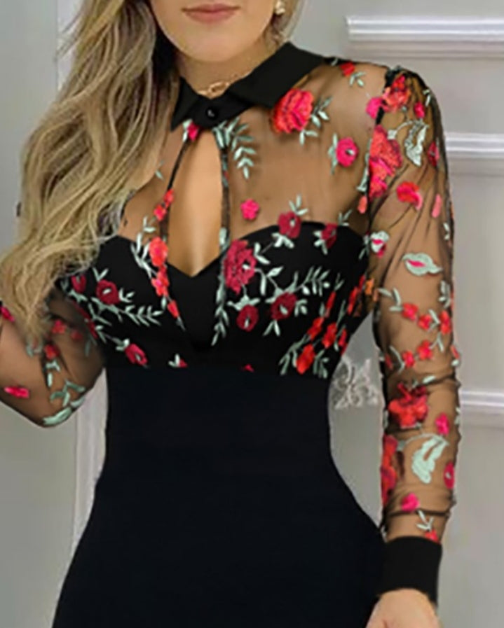 Premièrement : Cette Robe de soirée à volants fendus en maille transparente à broderie florale Femme.