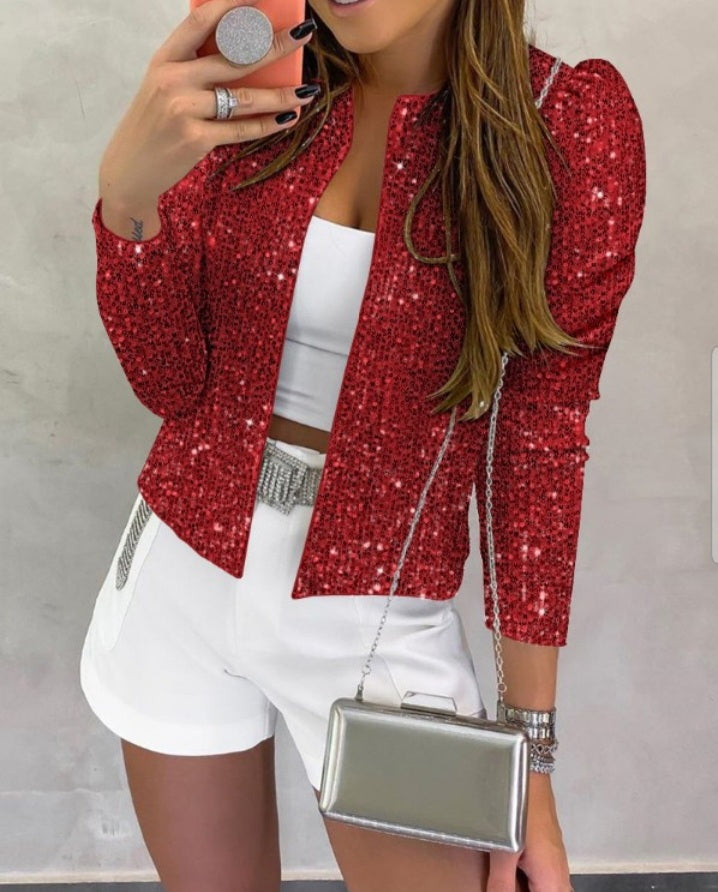 Premièrement : Brillez avec ce Manteau blazer à paillettes scintillantes, ouvert sur le devant , manches bouffantes femme.