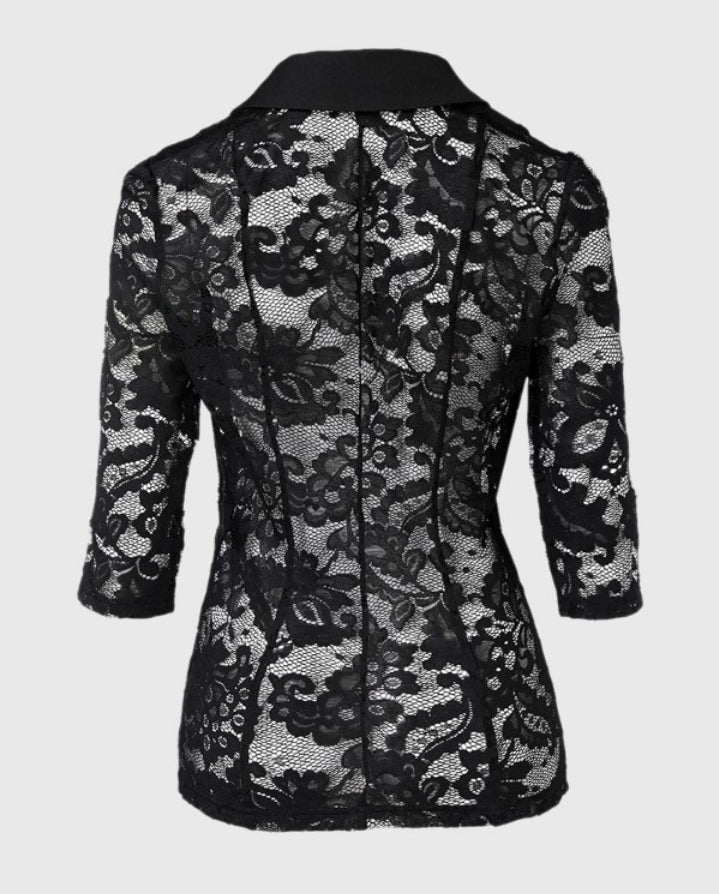 Premièrement : Apportez une touche de raffinement et de modernité à votre look avec ce Manteau blazer transparent avec patch en dentelle et rabat à bouton unique femme.