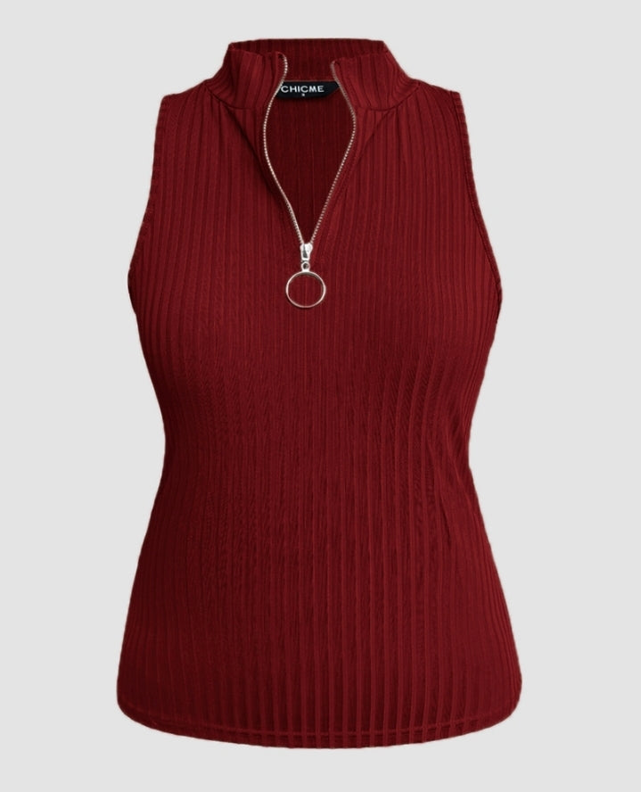 Premièrement : Ce Débardeur décontracté côtelé à col rond et coupe ajustée avec fermeture éclair et bretelles épaisses femme.