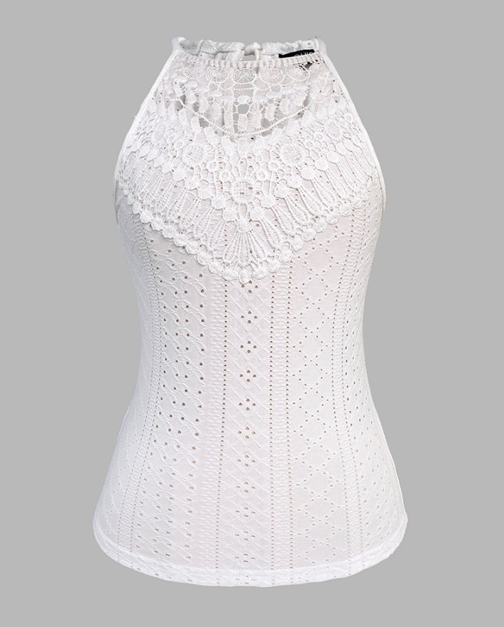 Premièrement : Ce débardeur sans manches en dentelle contrastée texturée, coupe slim décontractée Femme