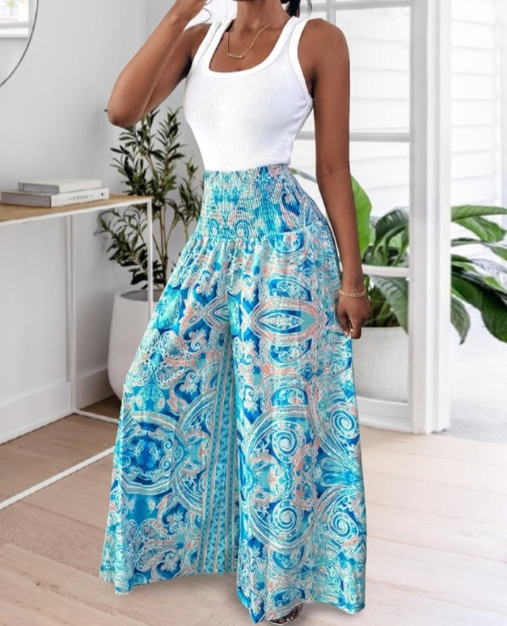 Premièrement : Le Pantalon larges , taille haute, à imprimé tropical femme, est la pièce parfaite pour insuffler une touche d’exotisme à votre garde-robe.