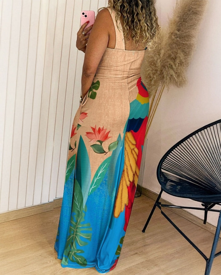 Premièrement : Cette Robe longue, fendue à bretelles épaisses et imprimé floral , coupe ajustée et décontractée , idéale pour les vacances .