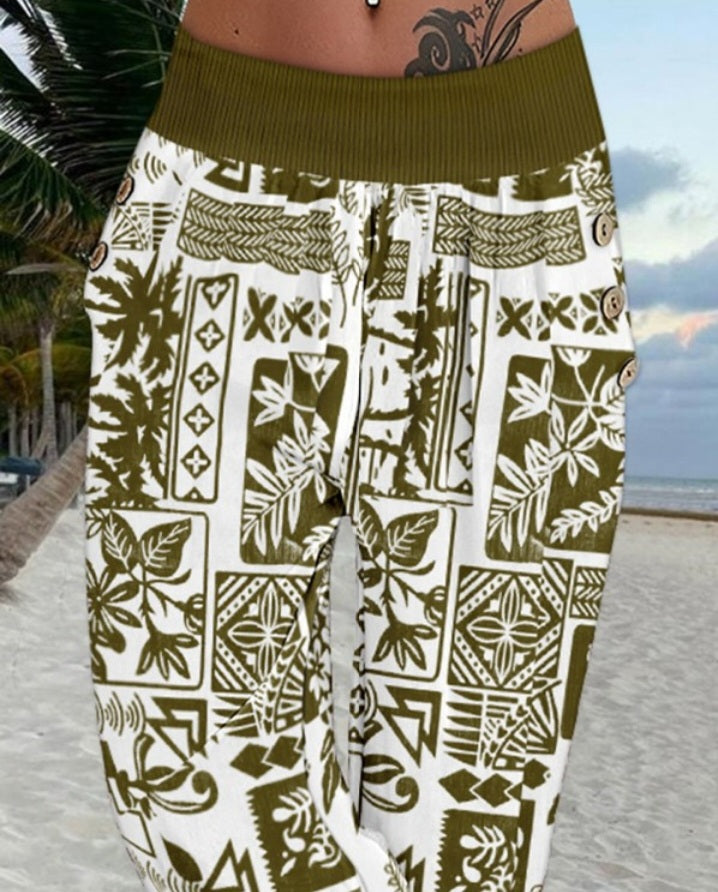Premièrement : Ce Pantalon capri taille basse à imprimé plante tribales avec boutons décoratifs, pantalon de vacances avec poche femme .