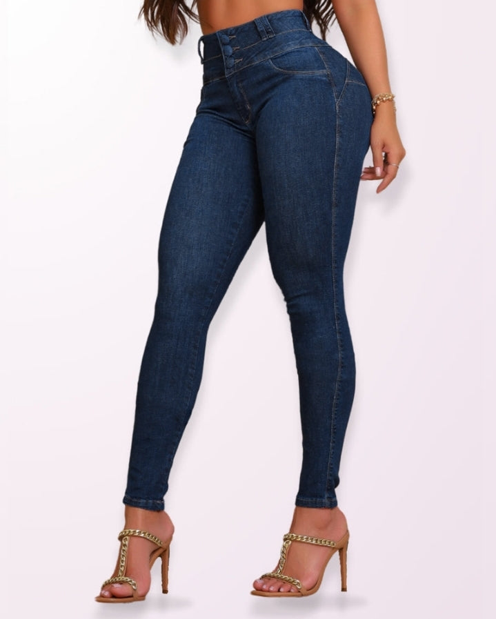Premièrement : Ce Jean skinny taille haute boutonné sur le devant avec effet rehausseur de fesses , pantalon décontracté femme .